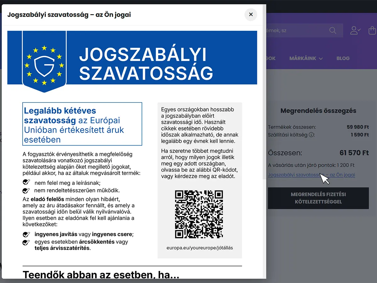 Alphavital.hu jogszabályi szavatosság felugró ablak