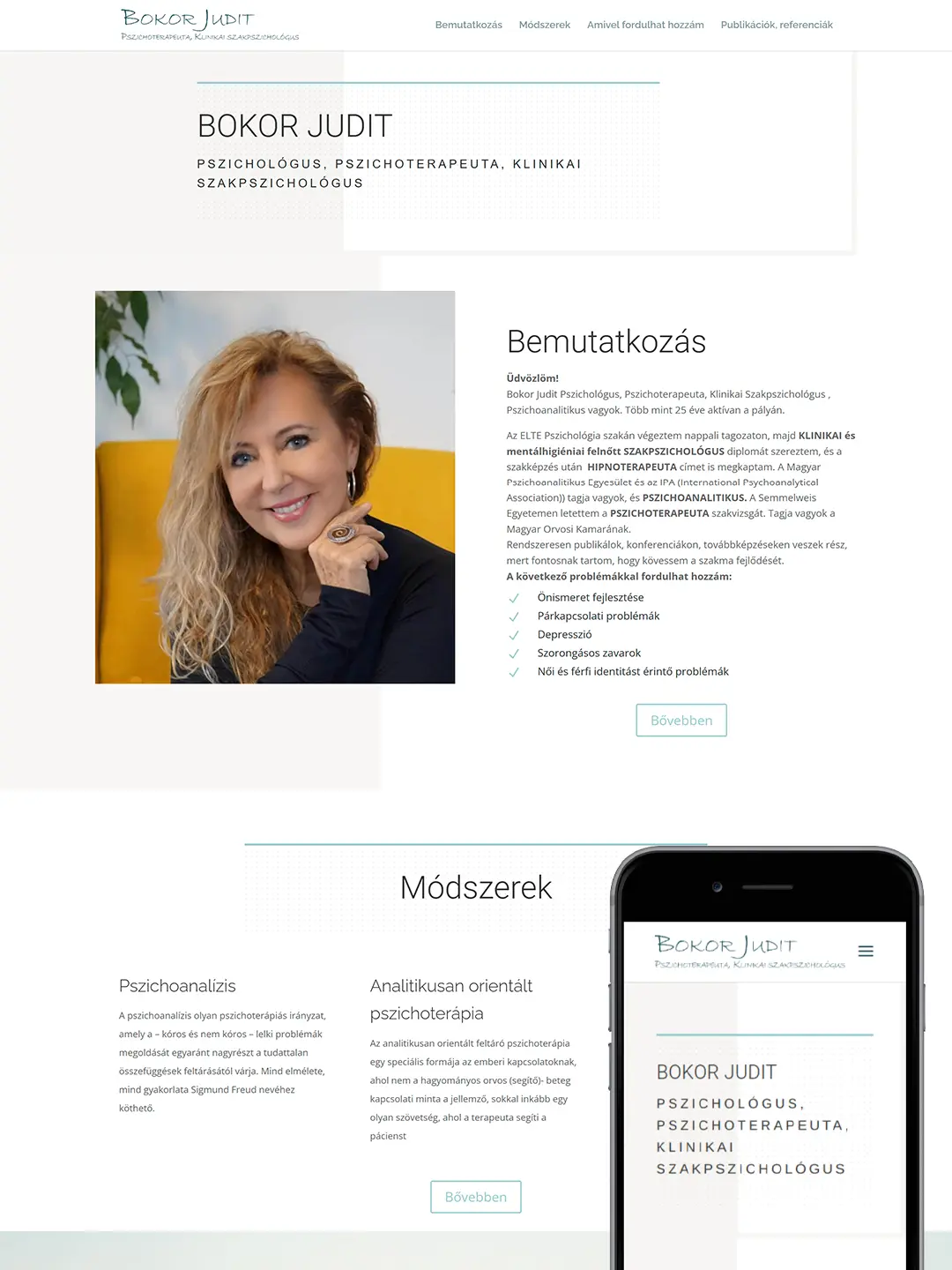 Bokor Judit weboldala asztali és mobil nézetben