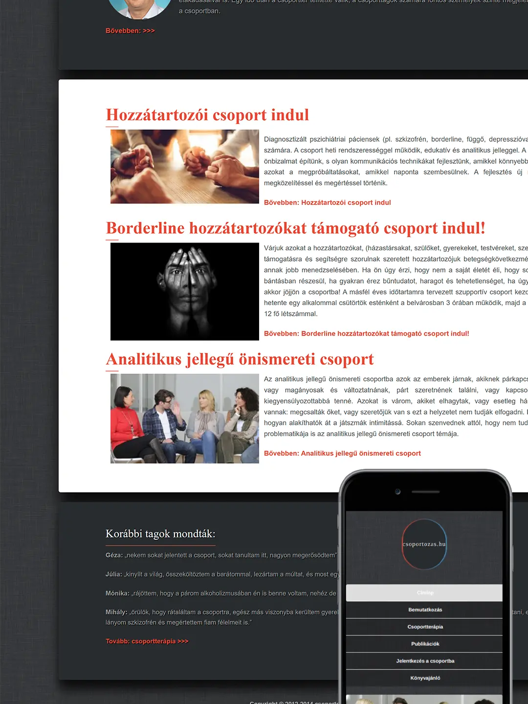 Oriold Károly csoportterápiás weboldalának készítése – asztali és mobil nézet