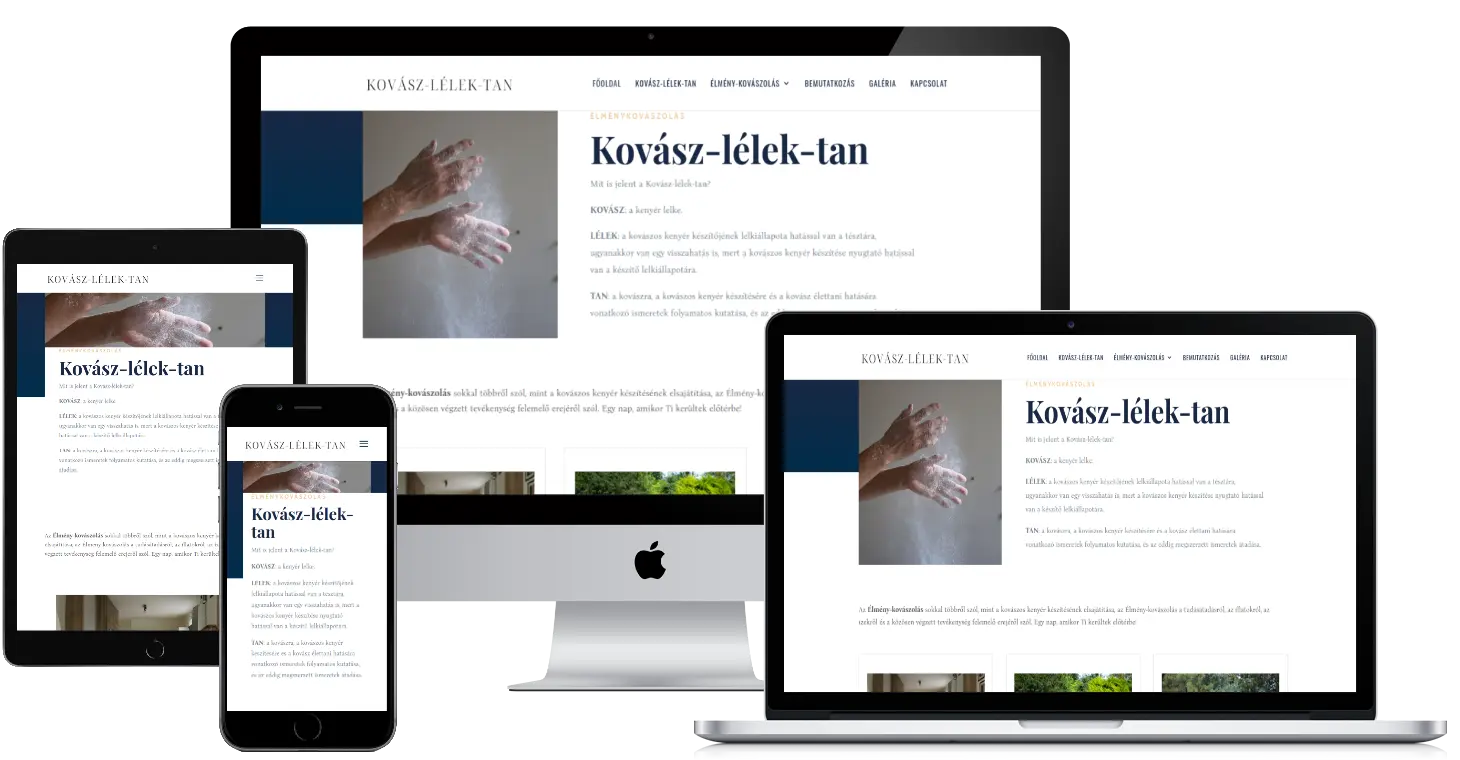 A kovaszlelektan.hu WordPress weboldal laptopon, tableten és telefonon