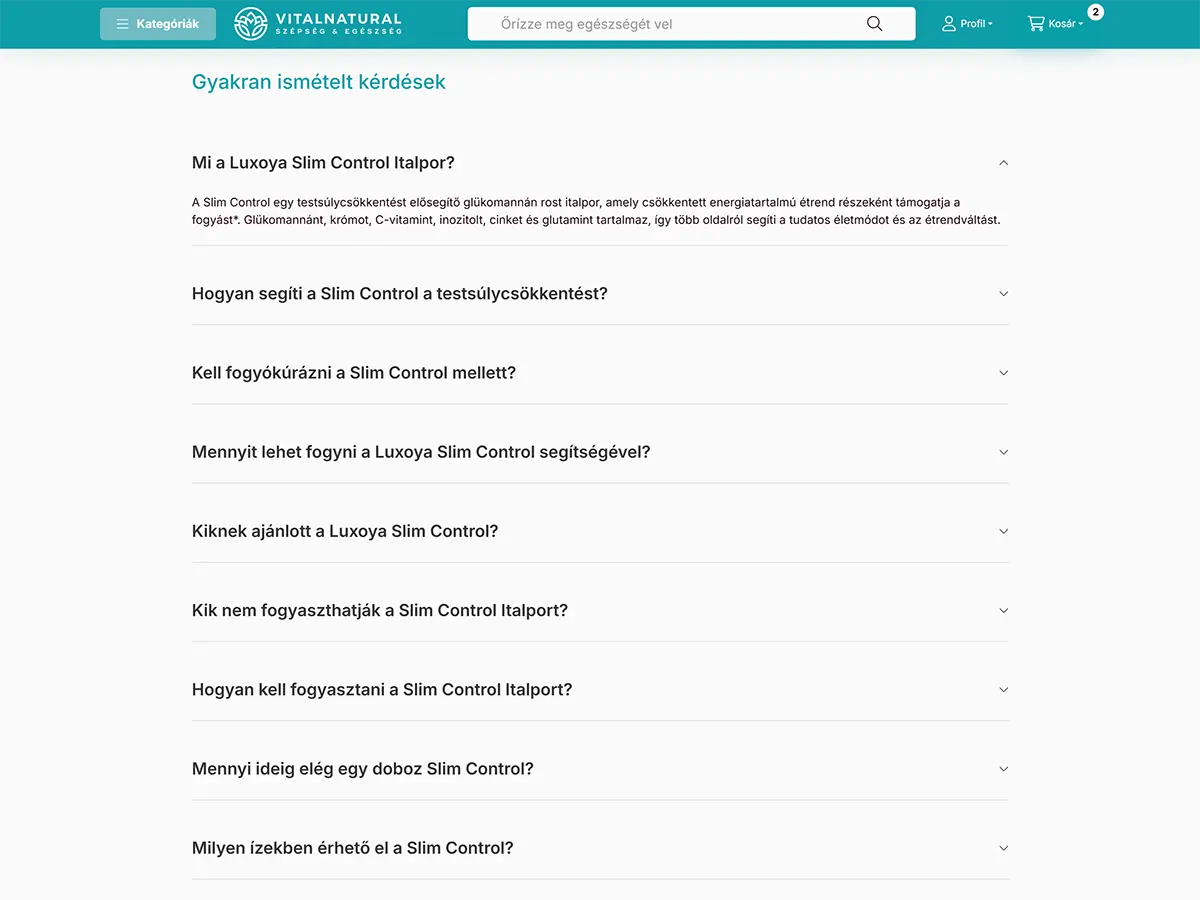 Vitalnatural.hu webáruház gyakori kérdések oldal. Egyedi fejlesztésű GYIK