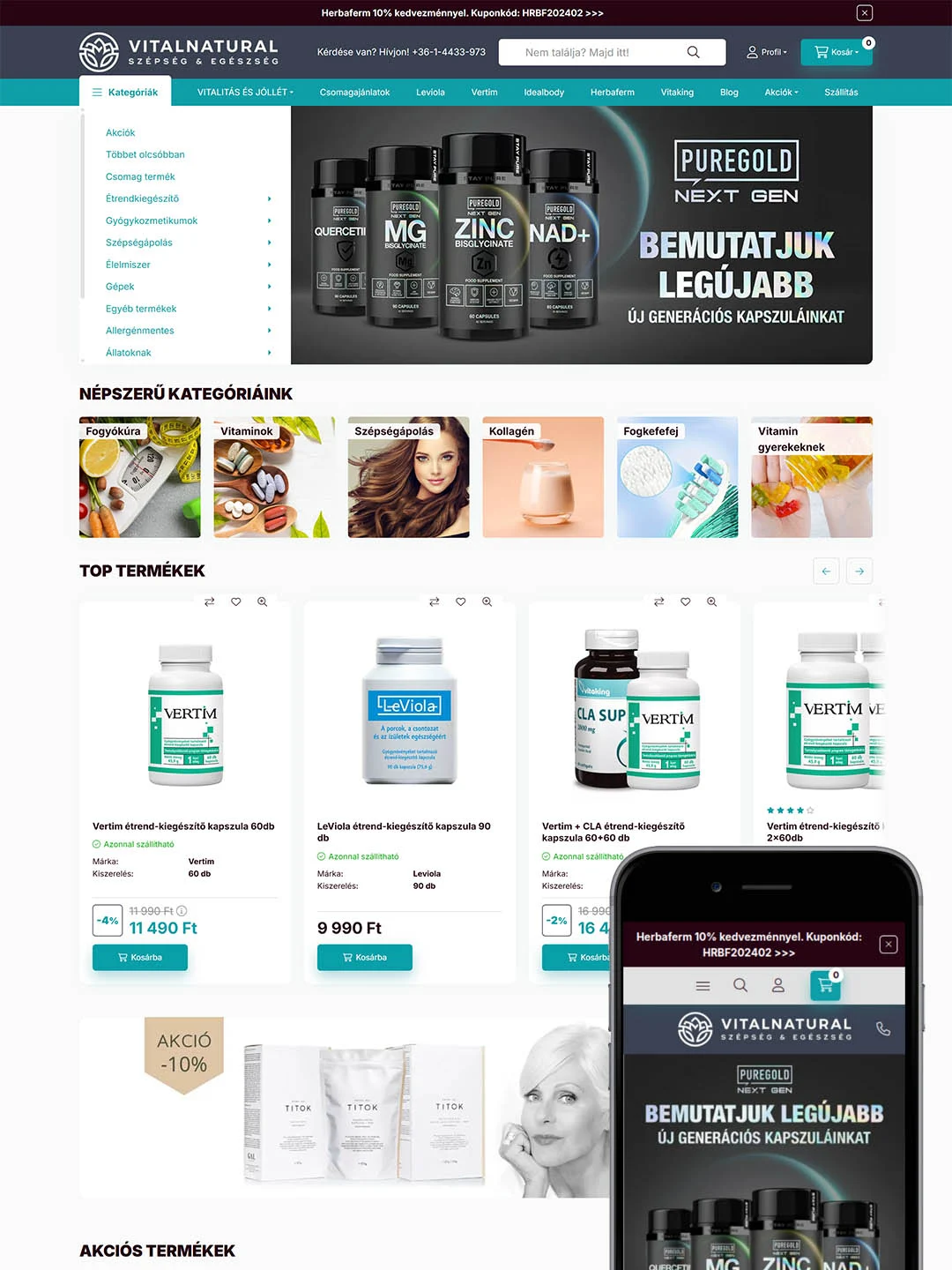 Vitalnatural.hu webáruház készítése, egyedi fejlesztések